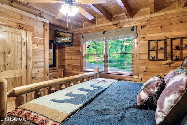 bedroom featuring wooden walls, wood ceiling, and beam ceiling