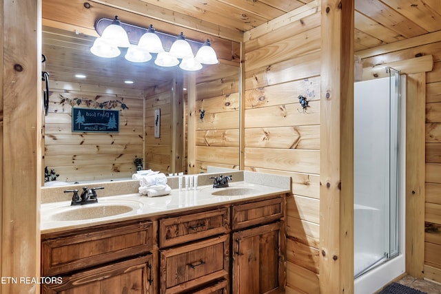 bathroom with wood walls, wooden ceiling, a stall shower, and double vanity