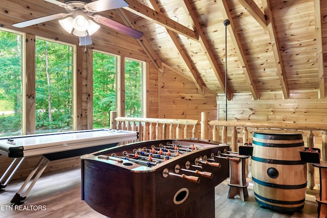 recreation room featuring wood finished floors, wooden ceiling, ceiling fan, and wooden walls