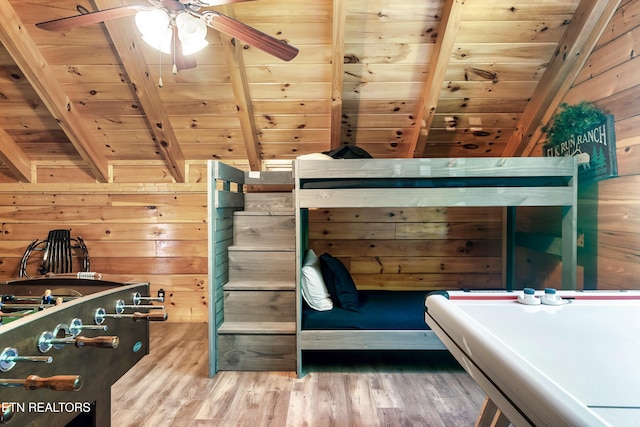 bedroom with wooden ceiling, wood finished floors, and wooden walls