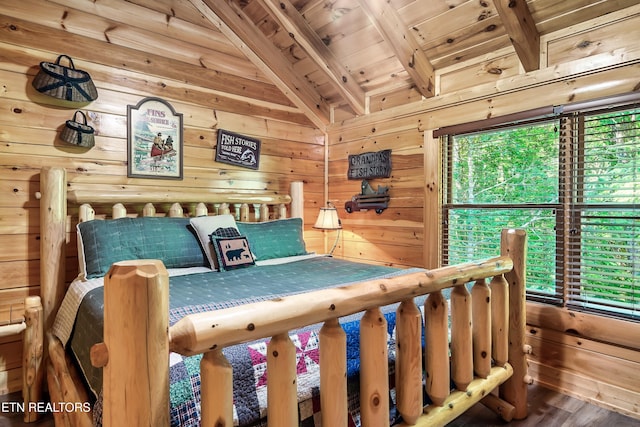 bedroom featuring wood ceiling, wooden walls, and wood finished floors