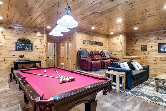 rec room featuring wood finished floors, wood ceiling, billiards, recessed lighting, and wood walls