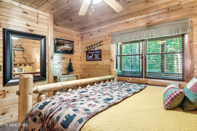 bedroom with wood walls, wood ceiling, and a ceiling fan