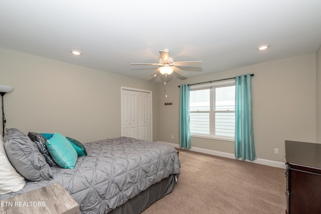 3132 Bakertown Station Way, Knoxville, TN 37931 - bedroom featuring light colored carpet, a closet, a ceiling fan, and recessed lighting