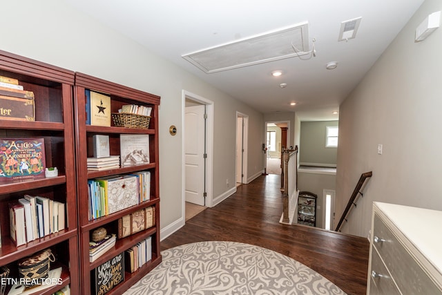 3132 Bakertown Station Way, Knoxville, TN 37931 - hall featuring attic access, an upstairs landing, dark wood-type flooring, and recessed lighting