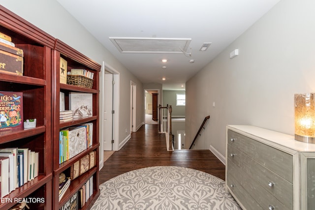 3132 Bakertown Station Way, Knoxville, TN 37931 - hallway featuring attic access, an upstairs landing, dark wood finished floors, and recessed lighting