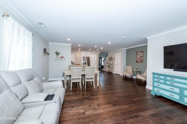 3132 Bakertown Station Way, Knoxville, TN 37931 - living room featuring ornamental molding, stairway, recessed lighting, and dark wood-style flooring