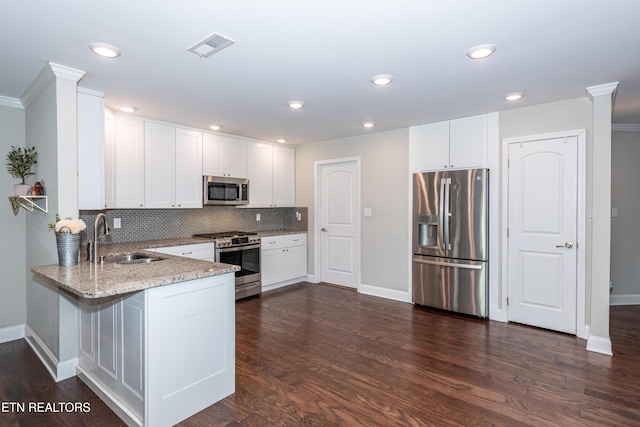 3132 Bakertown Station Way, Knoxville, TN 37931 - kitchen featuring appliances with stainless steel finishes, a peninsula, light stone countertops, backsplash, and dark wood-style floors