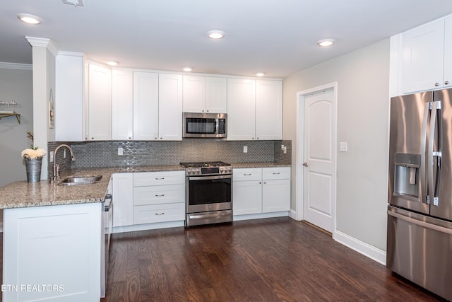 3132 Bakertown Station Way, Knoxville, TN 37931 - kitchen featuring stainless steel appliances, light stone counters, backsplash, dark wood-style floors, and white cabinets