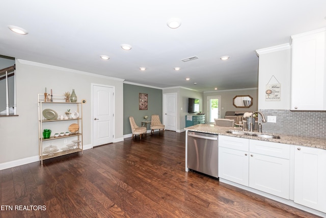 3132 Bakertown Station Way, Knoxville, TN 37931 - kitchen featuring stainless steel dishwasher, ornamental molding, dark wood-style floors, light stone counters, and white cabinets
