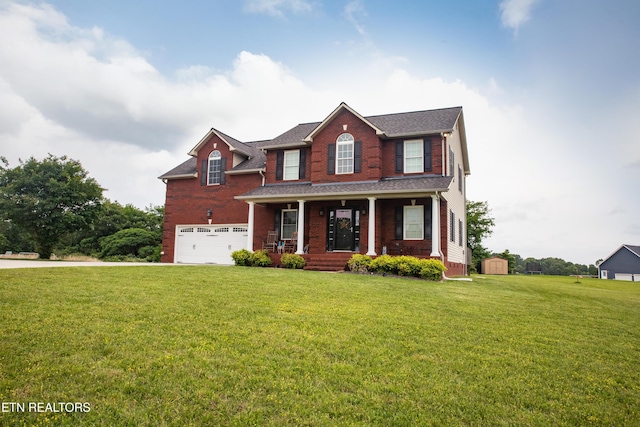 158 Dudley Cir, Tazewell, TN 37879 - view of front of home with a garage, covered porch, a front yard, brick siding, and driveway