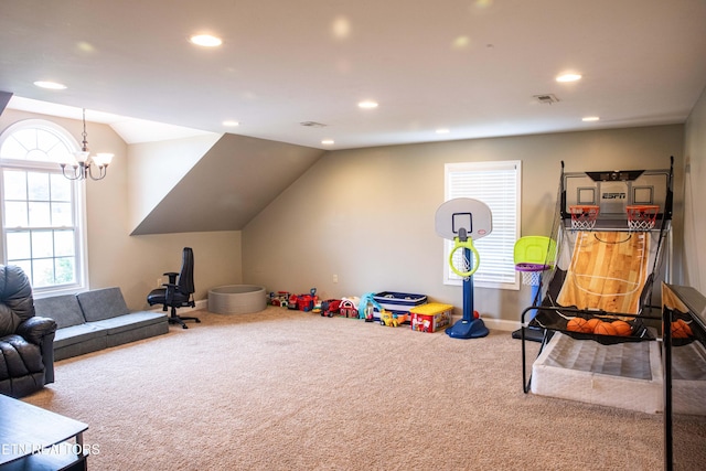 158 Dudley Cir, Tazewell, TN 37879 - rec room featuring carpet floors, recessed lighting, healthy amount of natural light, vaulted ceiling, and a chandelier