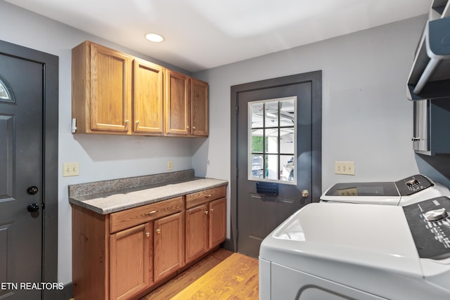 310 Savannah Shores Dr, Delano, TN 37325 - laundry room featuring cabinet space, washing machine and clothes dryer, light wood finished floors, and recessed lighting