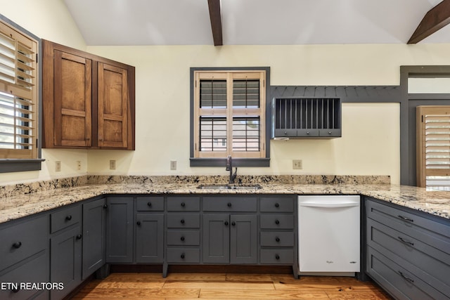 310 Savannah Shores Dr, Delano, TN 37325 - kitchen with white dishwasher, a sink, gray cabinetry, and vaulted ceiling