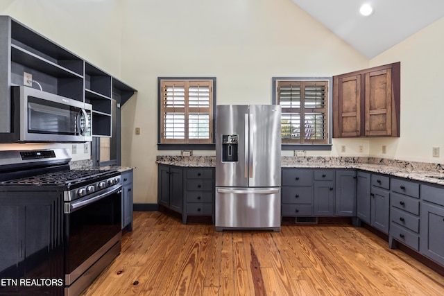 310 Savannah Shores Dr, Delano, TN 37325 - kitchen featuring stainless steel appliances, high vaulted ceiling, light stone counters, plenty of natural light, and wood finished floors