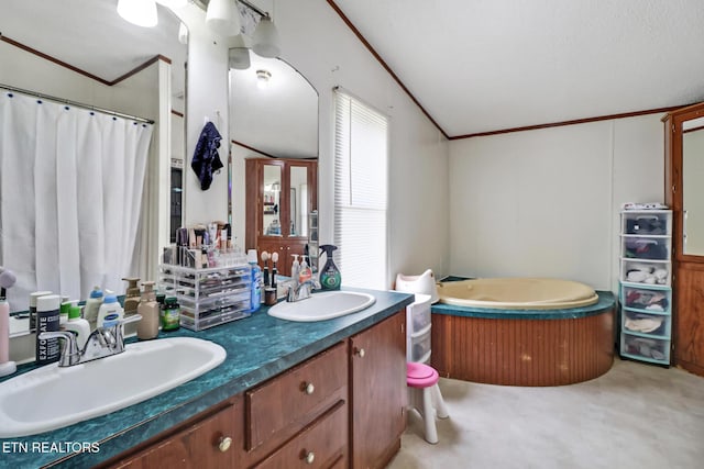 60 Greenview Ln, Crossville, TN 38571 - bathroom with ornamental molding, double vanity, a shower with curtain, and a garden tub
