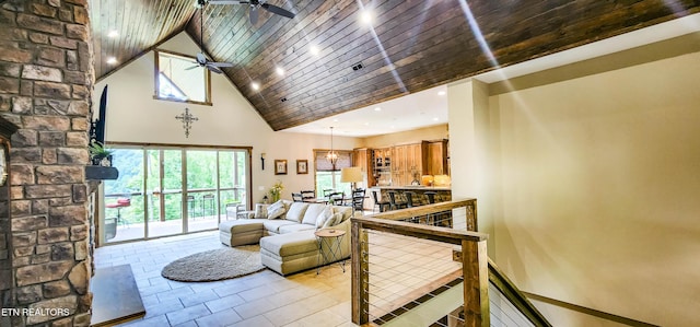 635 Norris Shores Dr, Sharps Chapel, TN 37866 - tiled living area with ceiling fan, high vaulted ceiling, wooden ceiling, and recessed lighting