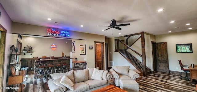 635 Norris Shores Dr, Sharps Chapel, TN 37866 - living room featuring bar area, wood finished floors, recessed lighting, a ceiling fan, and stairway
