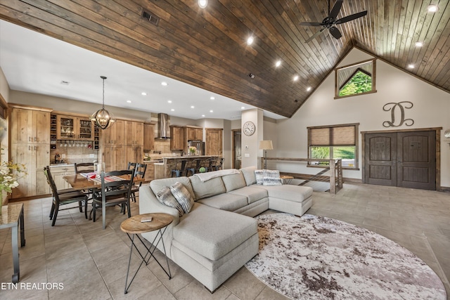 635 Norris Shores Dr, Sharps Chapel, TN 37866 - living room with recessed lighting, ceiling fan, a chandelier, high vaulted ceiling, and wood ceiling