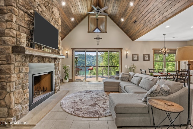 635 Norris Shores Dr, Sharps Chapel, TN 37866 - living room featuring a stone fireplace, high vaulted ceiling, ceiling fan, recessed lighting, and wooden ceiling
