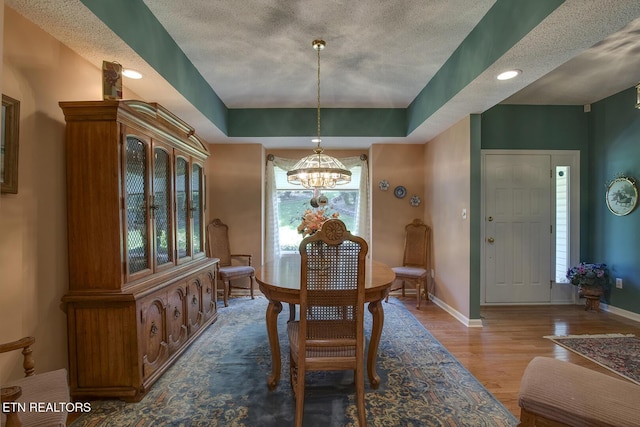 307 Okmulgee Cir, Loudon, TN 37774 - dining area featuring a chandelier, wood finished floors, baseboards, a textured ceiling, and a tray ceiling