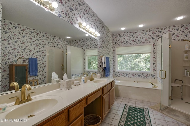 307 Okmulgee Cir, Loudon, TN 37774 - bathroom featuring a bath, a shower stall, wallpapered walls, tile patterned floors, and double vanity