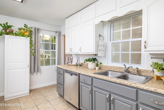 409 Melrose St, Maryville, TN 37803 - kitchen with stainless steel dishwasher, gray cabinetry, white cabinetry, and light tile patterned flooring