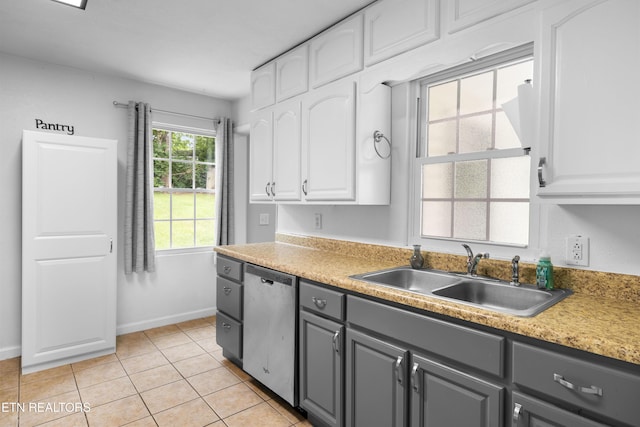 409 Melrose St, Maryville, TN 37803 - kitchen featuring gray cabinets, stainless steel dishwasher, white cabinetry, light tile patterned flooring, and light countertops