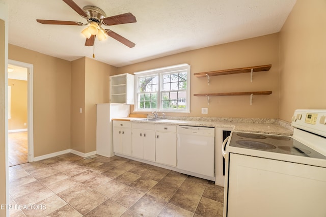 714 E Emerald Ave, Knoxville, TN 37917 - kitchen with white appliances, open shelves, a sink, a ceiling fan, and light countertops