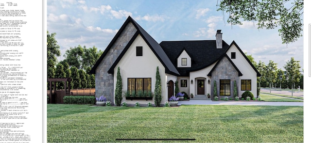 view of front of property featuring stone siding, a chimney, a front lawn, and stucco siding