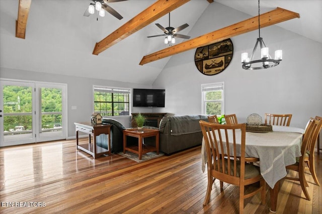 148 Mariner Point Rd, Lafollette, TN 37766 - dining area featuring beam ceiling, high vaulted ceiling, hardwood / wood-style floors, plenty of natural light, and a ceiling fan