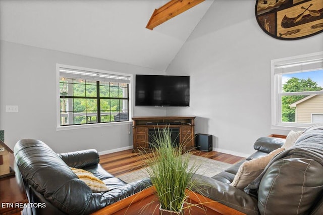 148 Mariner Point Rd, Lafollette, TN 37766 - living room featuring baseboards, wood finished floors, a fireplace with flush hearth, beam ceiling, and high vaulted ceiling
