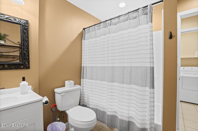 148 Mariner Point Rd, Lafollette, TN 37766 - full bath featuring washer / dryer, vanity, toilet, tile patterned flooring, and a shower with shower curtain