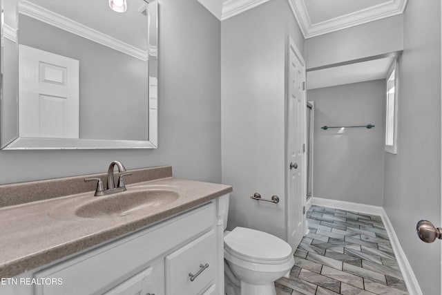 722 Southern Pkwy, Athens, TN 37303 - full bathroom with ornamental molding, vanity, toilet, a shower stall, and baseboards