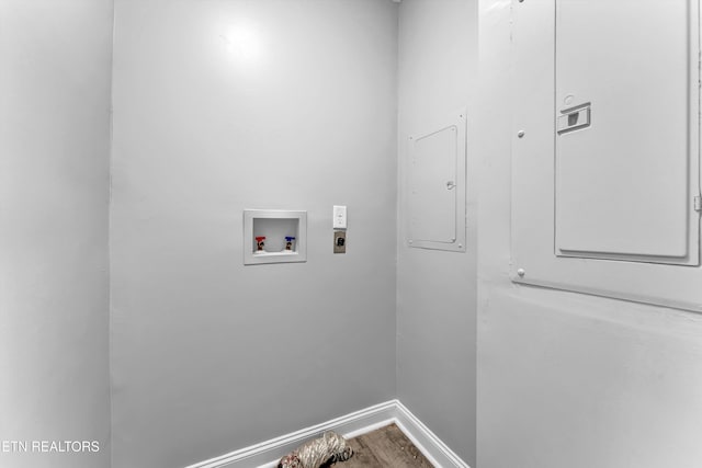 722 Southern Pkwy, Athens, TN 37303 - laundry area featuring electric dryer hookup, hookup for a washing machine, wood finished floors, baseboards, and electric panel