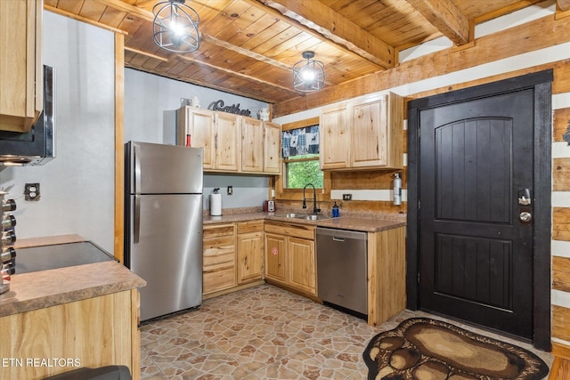 kitchen with appliances with stainless steel finishes, wooden ceiling, a sink, light brown cabinetry, and stone flooring