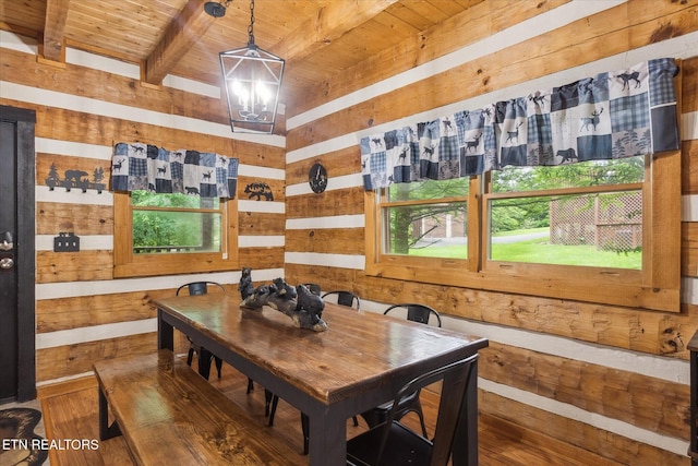 dining area featuring wood ceiling, wood walls, a chandelier, beam ceiling, and wood finished floors