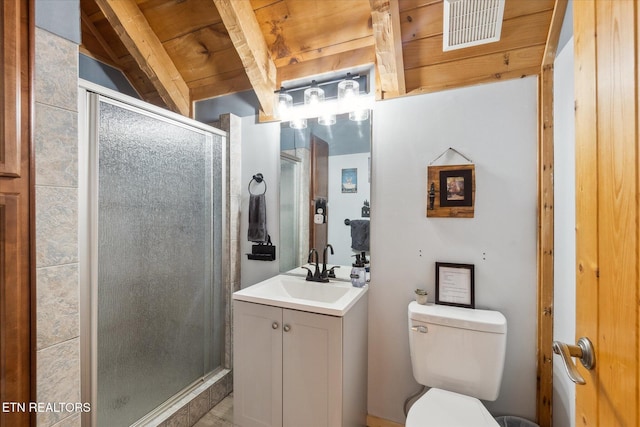 full bathroom with a shower stall, vanity, toilet, and wooden ceiling