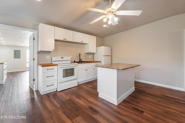 409 Turner Rd, Crossville, TN 38555 - kitchen with white appliances, electric panel, baseboards, white cabinetry, and recessed lighting