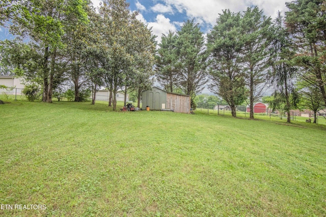view of yard featuring a storage shed and an outbuilding