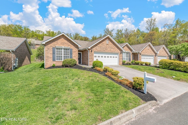 3241 Mountain Spring Way, Knoxville, TN 37917 - ranch-style house featuring an attached garage, asphalt driveway, a front lawn, and brick siding