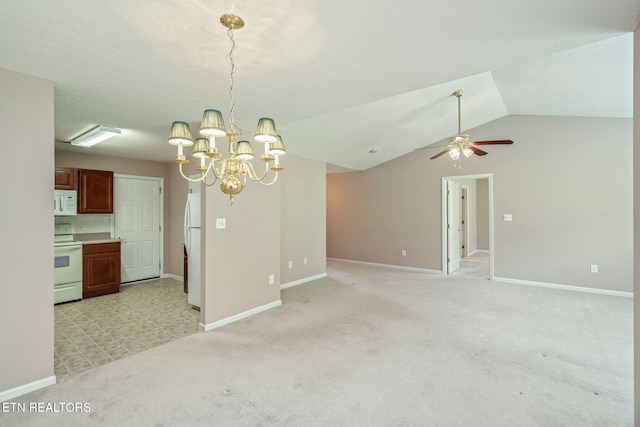 3241 Mountain Spring Way, Knoxville, TN 37917 - spare room with baseboards, a chandelier, light colored carpet, a ceiling fan, and lofted ceiling
