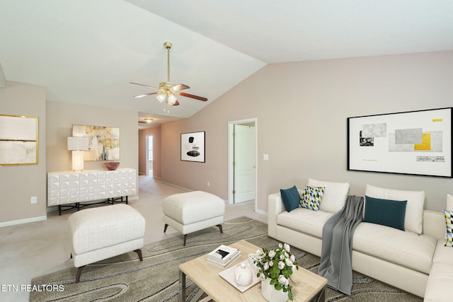 3241 Mountain Spring Way, Knoxville, TN 37917 - living room with ceiling fan, baseboards, light carpet, and vaulted ceiling