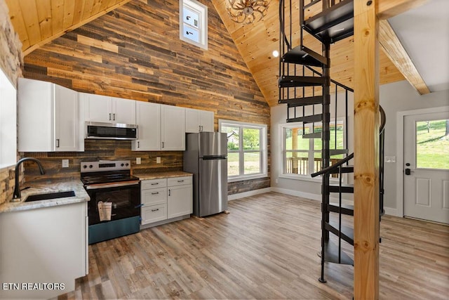 830 Hembree Hollow Rd, Townsend, TN 37882 - kitchen with appliances with stainless steel finishes, a sink, high vaulted ceiling, white cabinetry, and wood ceiling