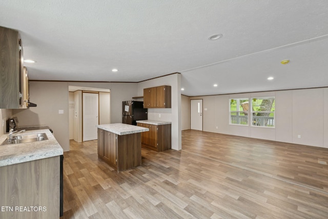 4001 Lilac Ave, Knoxville, TN 37914 - kitchen with freestanding refrigerator, light wood-type flooring, a kitchen island, a sink, and light countertops