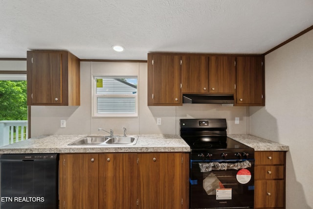 4001 Lilac Ave, Knoxville, TN 37914 - kitchen featuring black appliances, a sink, under cabinet range hood, light countertops, and a textured ceiling
