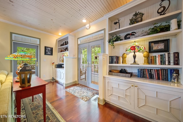 157 Wildcat Hollow Rd, New Tazewell, TN 37825 - doorway to outside with crown molding, french doors, wood finished floors, wooden ceiling, and baseboards