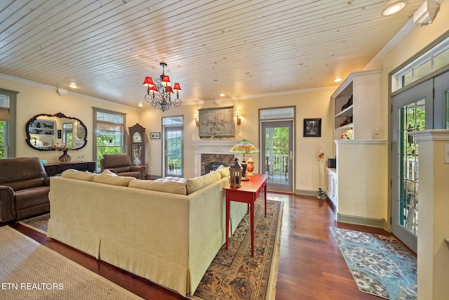 157 Wildcat Hollow Rd, New Tazewell, TN 37825 - living area with a fireplace, plenty of natural light, ornamental molding, recessed lighting, and dark wood-style floors