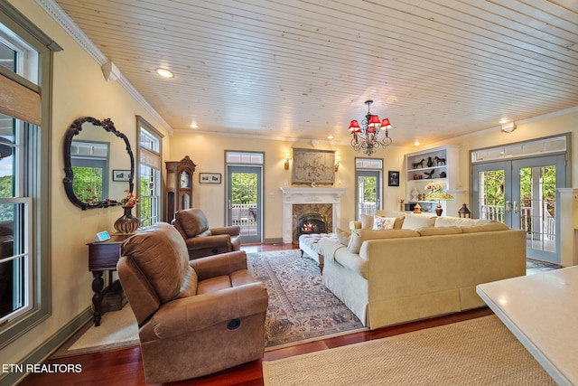 157 Wildcat Hollow Rd, New Tazewell, TN 37825 - living area featuring crown molding, plenty of natural light, a fireplace, wood finished floors, and french doors