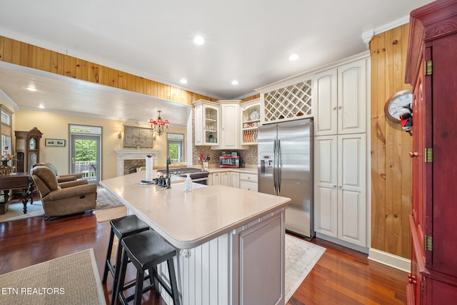 157 Wildcat Hollow Rd, New Tazewell, TN 37825 - kitchen featuring stainless steel refrigerator with ice dispenser, a sink, dark wood-type flooring, open floor plan, and glass insert cabinets